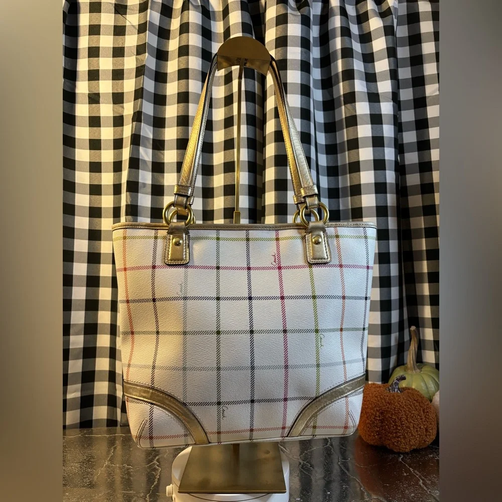 Coach White and Gold Plaid Tote - Picture 2 of 6